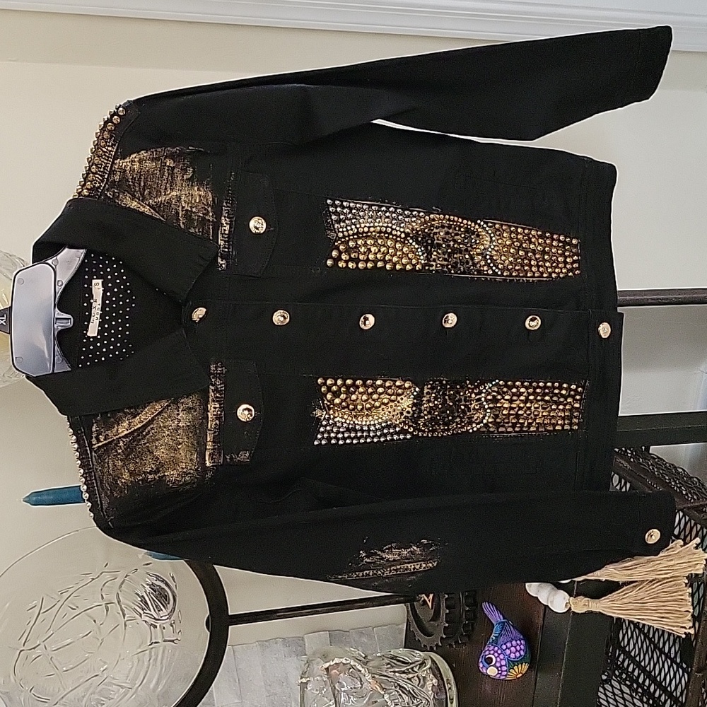 Luxe Moda Black with Gold Paint Rhinstone/Silver and Gold Studded Jean Jacket SM